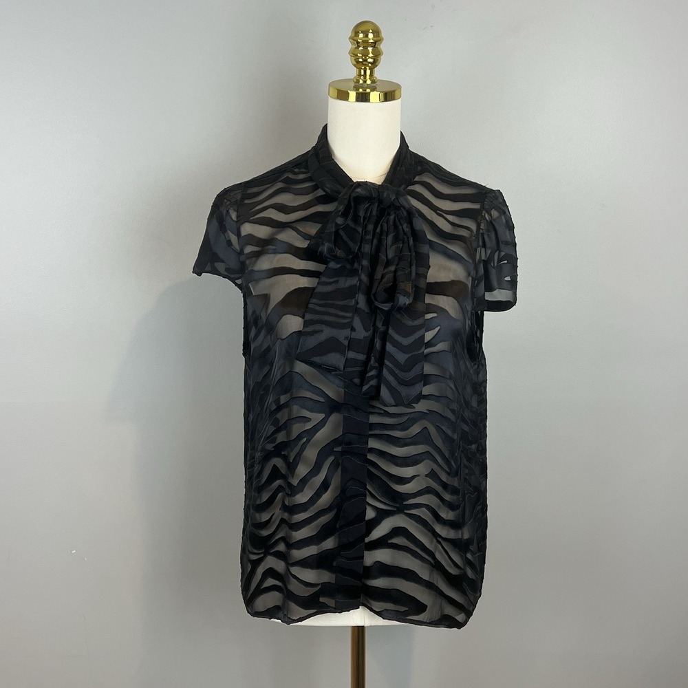 Alice + Olivia Jeannie Bow Black Silk Burnout Blouse Top Women Size Large